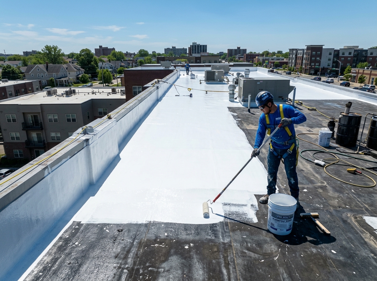 Silicone elastomeric reflective flat roof coating application