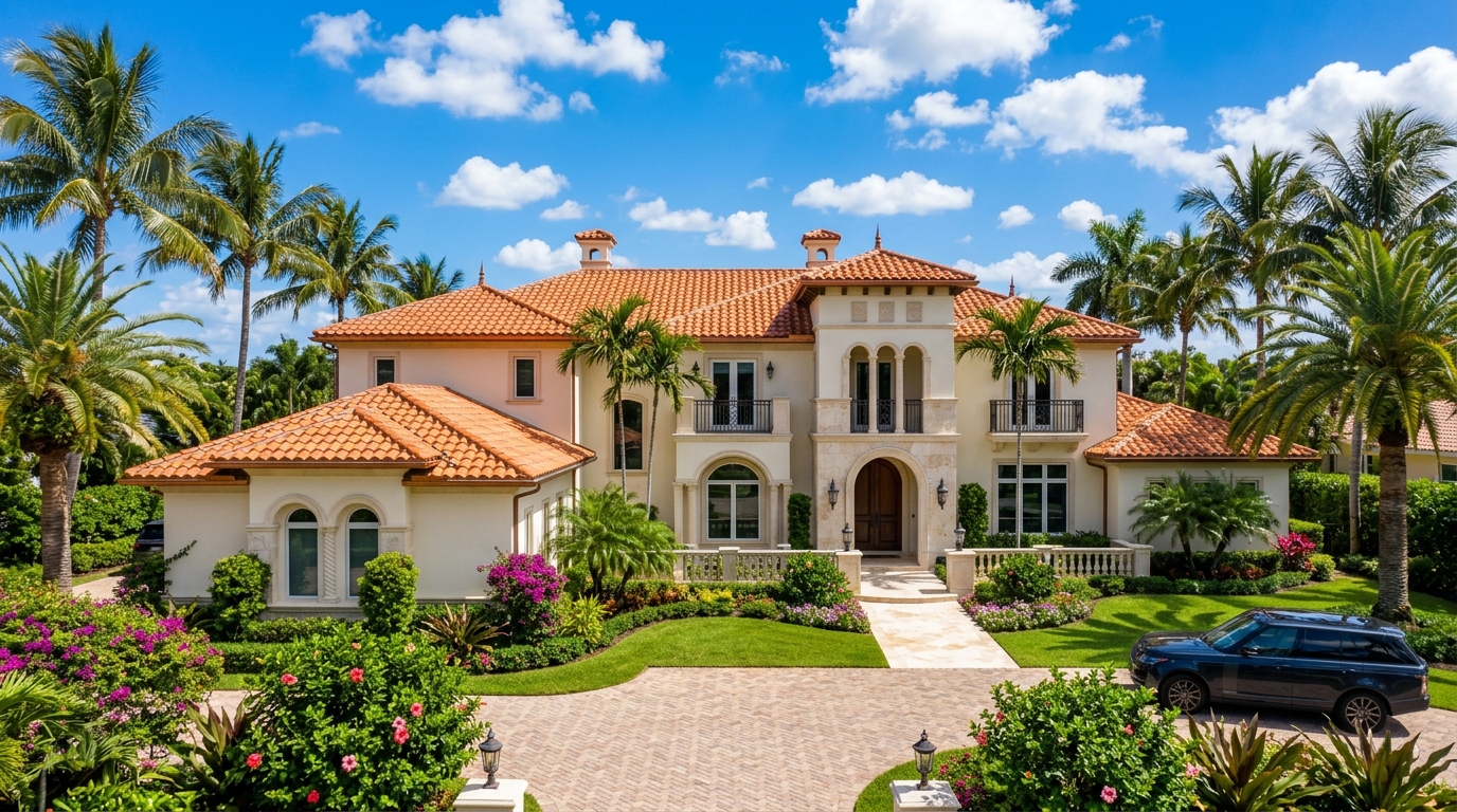 Mediterranean barrel tile roof installed on a luxury home in Fort Lauderdale, Florida